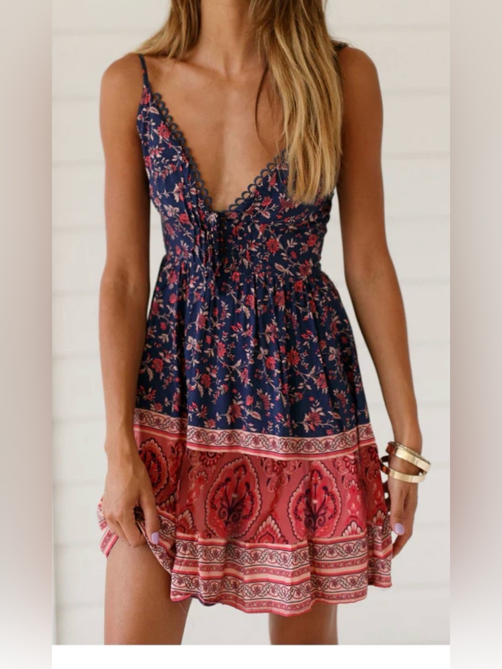 CBR Navy Red Floral Eyelet V Neck Cami Dress